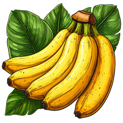 Hand-Drawn Bunch of Bananas with Leaves, Artistic Style, Transparent Background