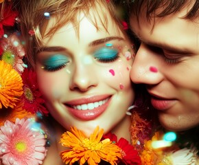 Close-up of a smiling couple surrounded by colorful flowers, vibrant makeup, and confetti-like lights, evoking joy, intimacy, and spring romance in a dreamy, artistic composition.