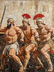 Three muscular warriors with helmets and spears in a battle scene painting.