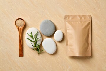 Spa product packaging mockup:  Beige background, smooth stones, rosemary sprig, wooden spoon, kraft pouch.