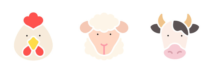 Farm animals icon set. Rooster, sheep, cow animal icons. Animal color fill symbol. Vector illustration. Editable stroke. Flat design. Isolated on a transparent png background.