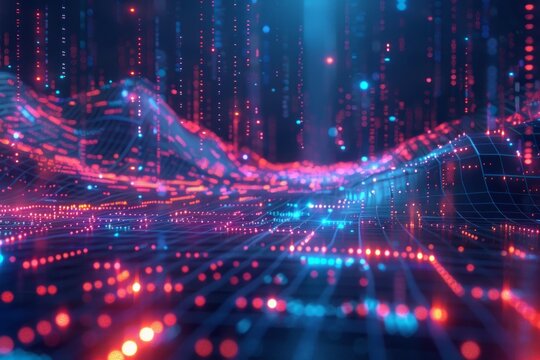 This is a digital background with waveforms and glowing particles, perfect for hightech and futuristic designs