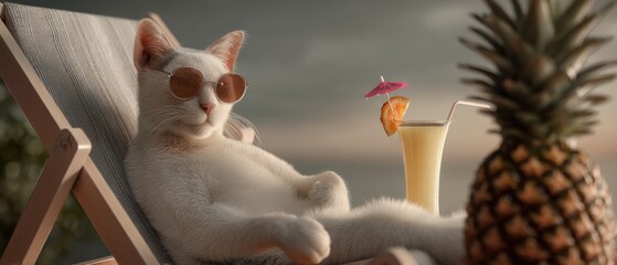 Relaxed white cat in sunglasses lounging with tropical drink and pineapple
