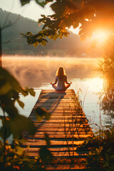 woman doing yoga on lake deck, morning light, summer calmness