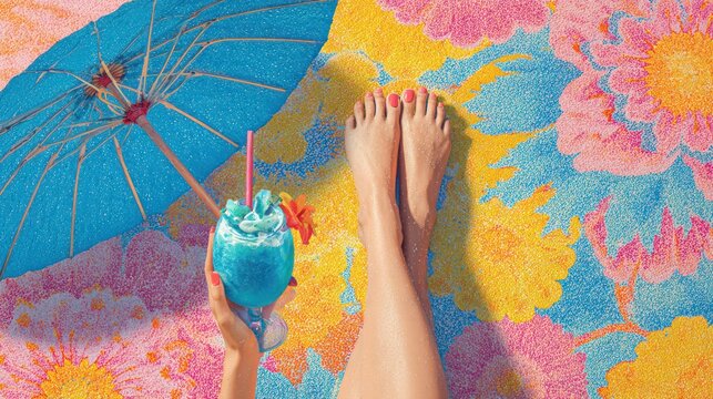 Woman relaxing on a floral towel with a blue frozen cocktail, umbrella in the corner