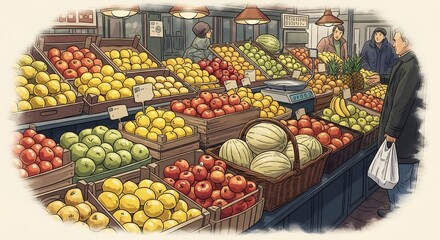 Obraz premium Illustration of a colorful fruit market with customers and various produce