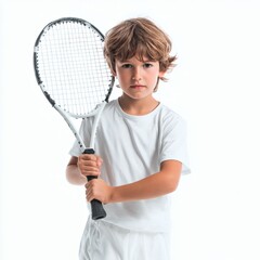 A boy holding a tennis racket in a ready position on a solid white background