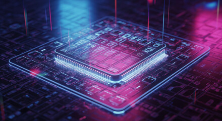 Futuristic Silicon Wafer: 3D Illustration with Holographic Neon Glow & Microchip Circuitry.