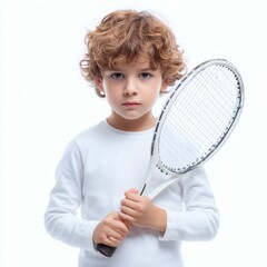 A boy holding a tennis racket in a ready position on a solid white background