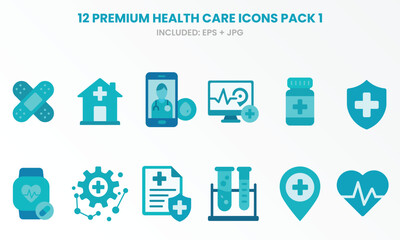 A professional set of 12 flat-design healthcare icons including telemedicine, heart monitor, pills, smartwatches, reports & lab tests. Ideal for enterprise-level medical designs.