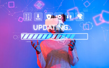 A visually striking representation of a technology user engaged in a software update process,...