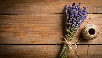 Dried lavender bouquet tied with twine resting on rustic wooden planks with a spool of twine