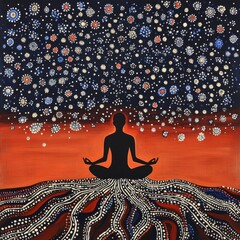 Silhouette of person meditating with roots and cosmic or abstract sky above.