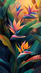 Bird of paradise flowers with green leaves in a colorful artistic illustration.