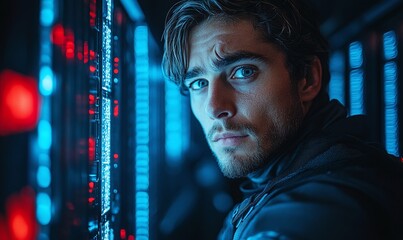 Closeup Portrait Of A Person With Frost On Their Face, Intense Gaze In A Dark Lighted Environment