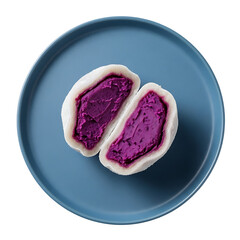 Obraz premium Delicious purple sweet potato mochi on blue plate japanese dessert sweet treat food photography asian cuisine on transparent background