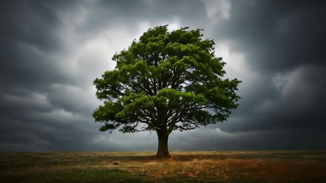 Large Green Tree Standing Alone Under Dark Stormy Sky