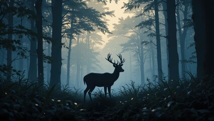Silhouette of a Majestic Deer Standing Amidst a Foggy Forest at Dawn