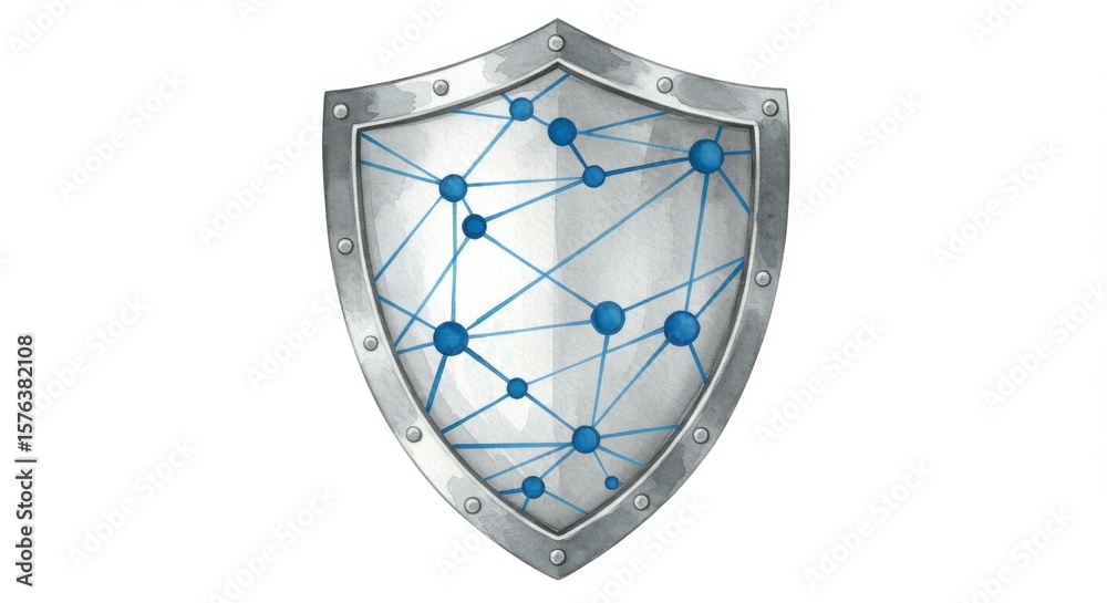 Poster network security shield - a metallic shield graphic with a network pattern inside, symbolizing onlin