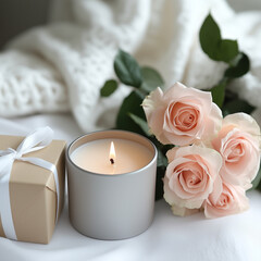 Fototapeta premium A minimalist flatlay photograph on a white curved surface. In the center, there is a light pink scented candle in a matte silver metal container with a white wax top