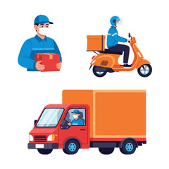 E-commerce Delivery Vector Illustration: Express Delivery and Free Shipping Concepts with Couriers on Bike, Scooter, Van, and Handing Over Package