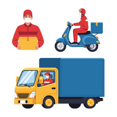 E-commerce Express Delivery and Free Shipping Vector Illustration: Fast and Reliable Courier Services by Bicycle, Motorbike and Van
