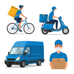 E-commerce Express Delivery and Free Shipping Vector Illustration: Fast and Reliable Courier Services by Bicycle, Motorbike and Van