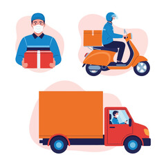 E-commerce Express Delivery and Free Shipping Vector Illustration: Fast and Reliable Courier Services by Bicycle, Motorbike and Van