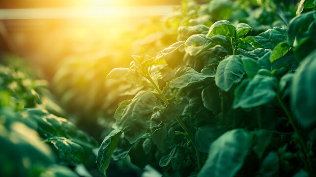 Potato plants growing in a field with sunlight. Close-up of crops.