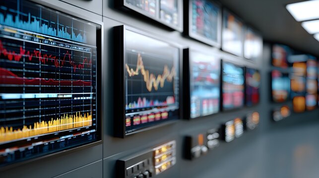 High-Tech Financial Data Monitoring Center Featuring Detailed Graphs and Analytical Displays