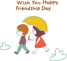Happy Friendship Day Illustration with Two Kids Holding Hands Walking Under Yellow Umbrella in Rainy Cartoon Landscape