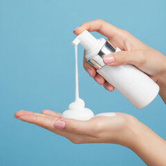 Fototapeta premium Hand Dispensing White Foam Cleanser on Blue Background