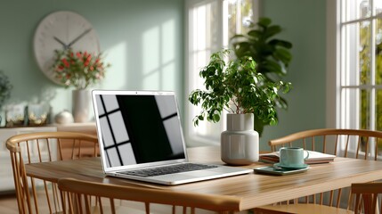 Modern Workspace Featuring a Laptop and Potted Plant in a Bright and Cozy Interior Setting