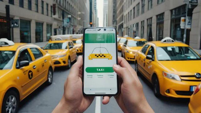 Ordering a taxi in the city with a taxi app.