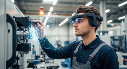 Manufacturing technician leveraging augmented reality tools to streamline machine diagnostics.