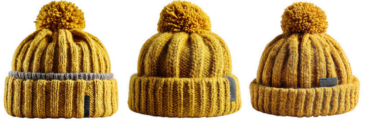 Three yellow knit beanies with pompoms, isolated on white isolated on transparent background