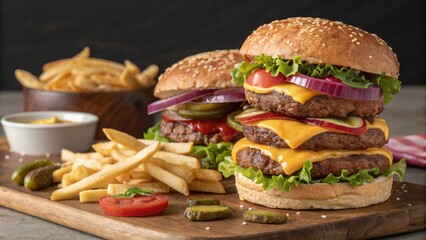 Close-up of a delicious grilled cheeseburger with beef, melted cheese, fresh lettuce, tomato, and onion on a sesame bun, isolated on white, served with crispy golden french fries