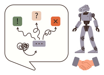 Robot analyzing decision pathways in speech bubble with tangled lines, question marks, and answers. Human handshake indicates teamwork. Ideal for AI ethics, robotics, teamwork, problem-solving