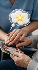 Senior sharing cherished photo memory with caregiver star