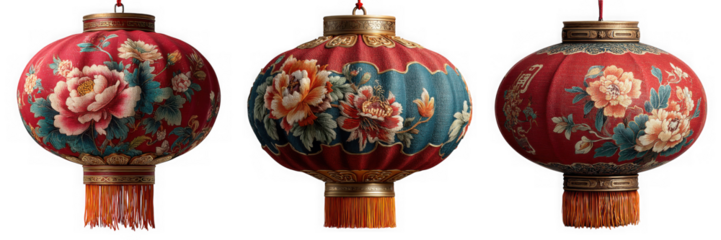 Three ornate chinese lanterns with floral patterns and tassels isolated on transparent background