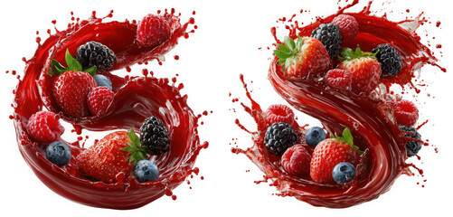 Mixed berries splashing into red juice in a dynamic swirl isolated on transparent background