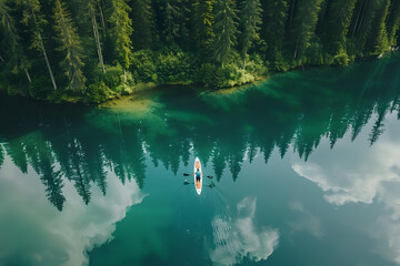 paddleboarder on clear lake, drone view, forest, symmetry