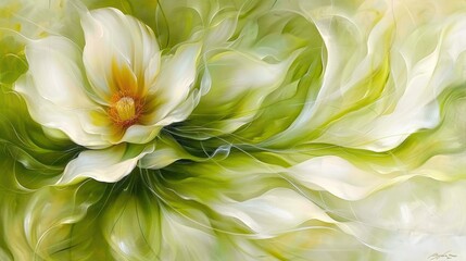 Fototapeta premium Abstract floral illustration featuring a delicate white flower with vibrant green swirling background