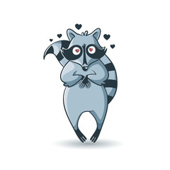 Cute raccoon character expressing love with hearts in a whimsical and playful illustration, perfect for childrens art