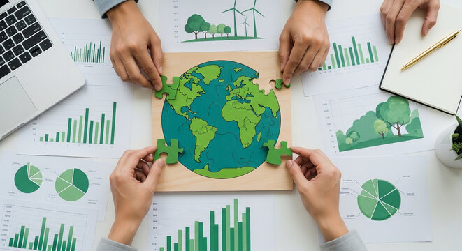 Hands assembling a globe puzzle surrounded by financial charts and graphs