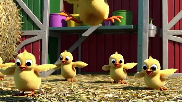 Spring Chickens Animated yellow chicks in barn with colorful buckets.