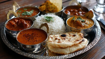 A traditional Indian thali with curries, rice, naan, and papadum on a silver tray 