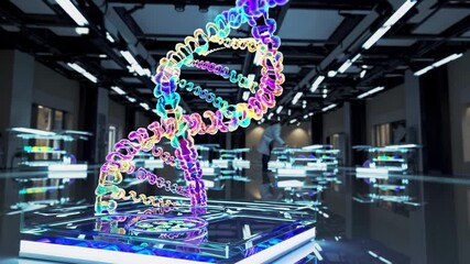 Rotating glowing dna double helix spinning on transparent platform, revealing intricate genetic research details within advanced scientific laboratory environment - Powered by Adobe