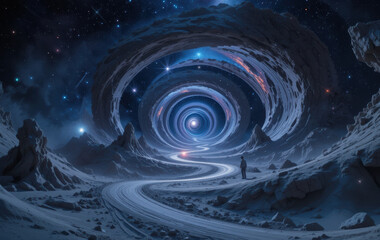 Mesmerizing infinity spiral leads through galaxy cosmic landscape where owl spiral emerges
