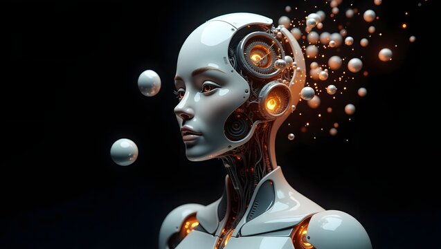 Glowing robotic woman head and face illustration with artistic mask and expression